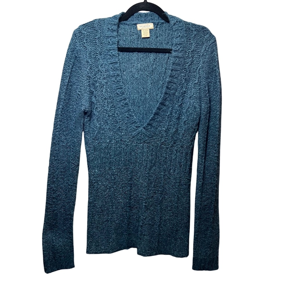 Arizona V-Neck Knit Sweater Long‎ Sleeve Pullover Blue Teal Large